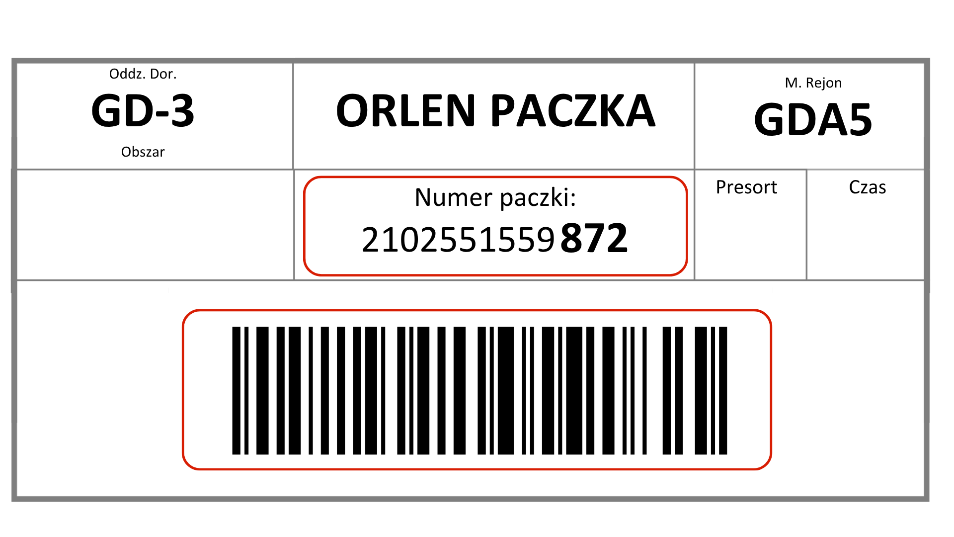 Etykieta ORLEN Paczka — numer paczki i kod kreskowy